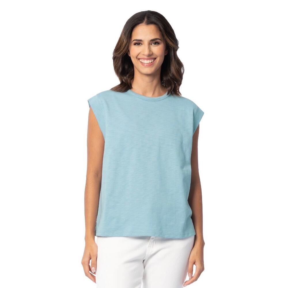 Time and Tru Women L Muscle Tee Caspian Blue pullover crewneck relaxed top NWOT